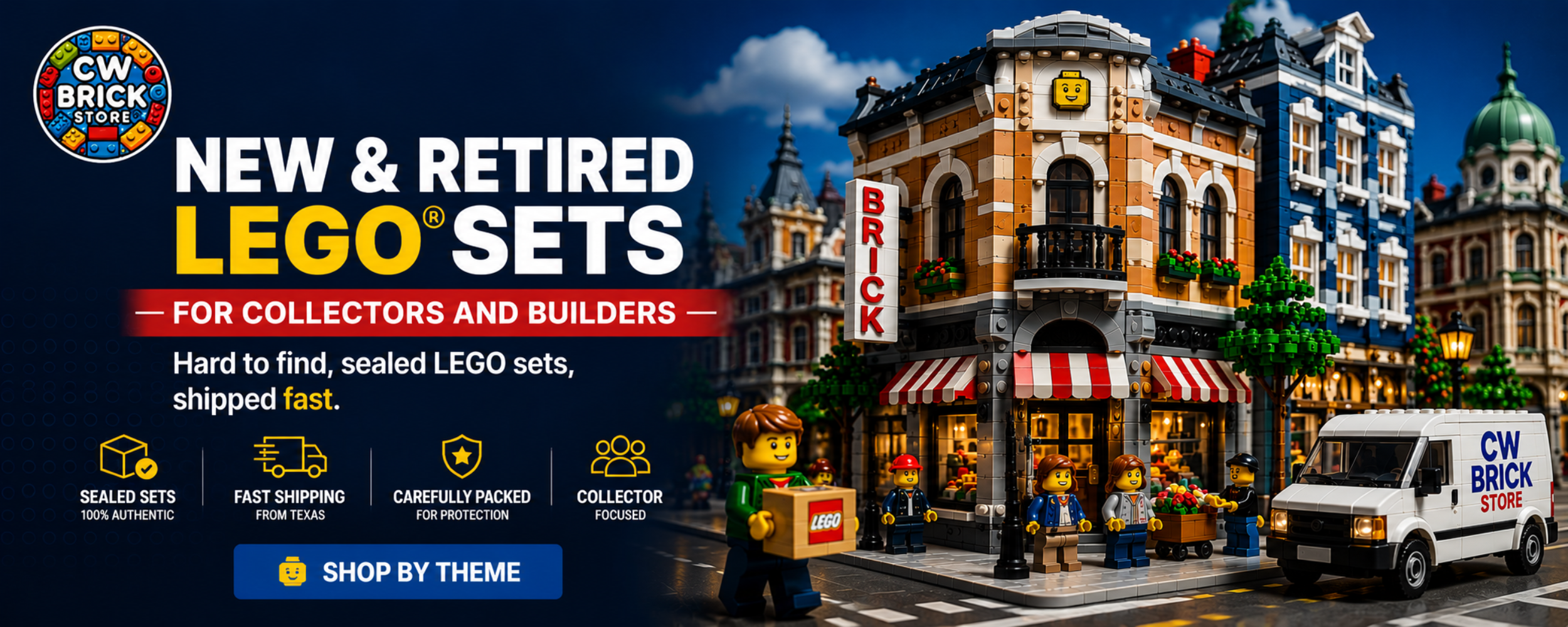 Promotional banner for new and retired LEGO sets with a LEGO store and van.